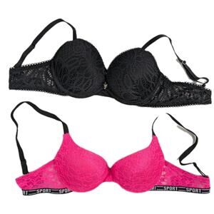 2x Push Up Bras Victorias Secret Black Pink Lace Dream Angels Lined Demi 34B EUC